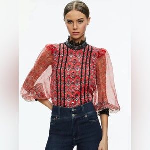 NWT Alice Olivia Bettina Blouson Sleeve Top In Allure Medallion